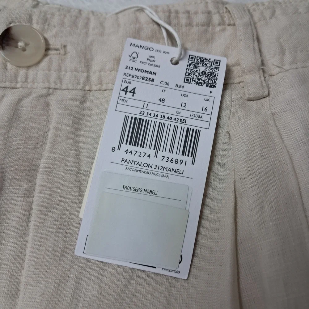 NWT Mango MNG Pants Womens‎ 12 Beige Maneli Wide Leg Linen Blend Work Minimalist